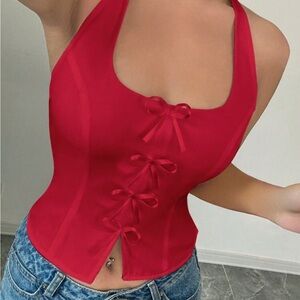 Vibrant Red Bustier Tie Front Tank Top